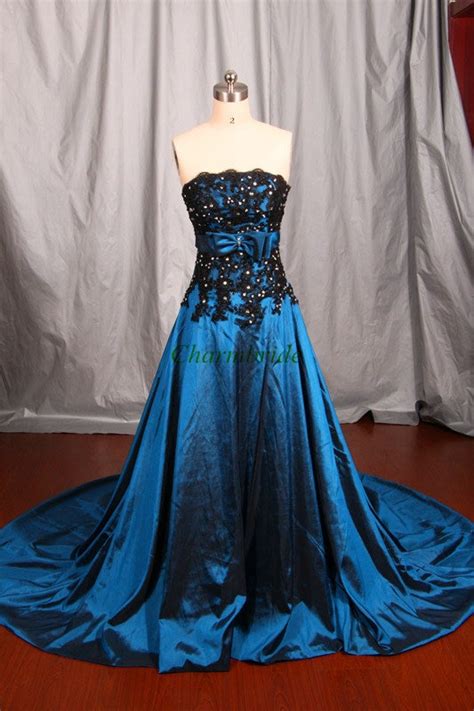 Black Lace And Dark Blue Taffeta Wedding Dress With Crystalsstrapless