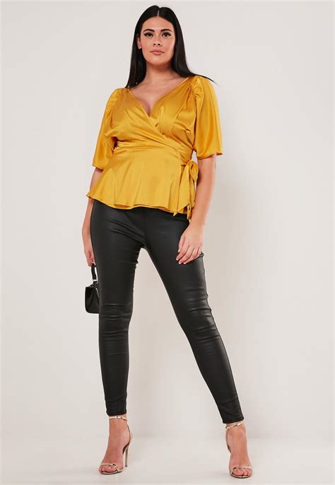 Plus Size Mustard Satin Wrap Top Missguided