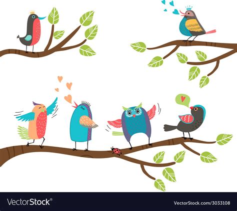 Set Colorful Cartoon Birds On Branches Royalty Free Vector