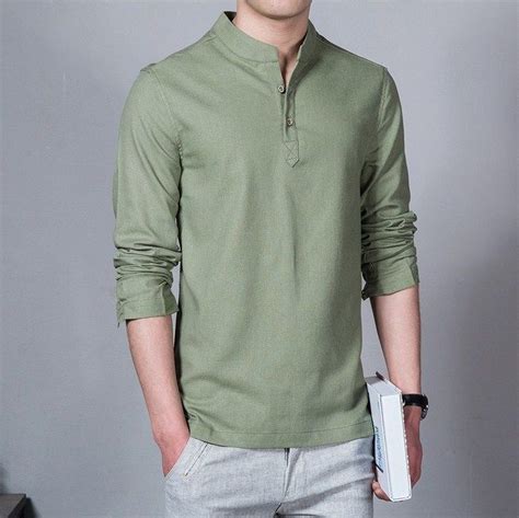 Casual Fashion Long Sleeve Mandarin Collar Linen Mens Green Shirt