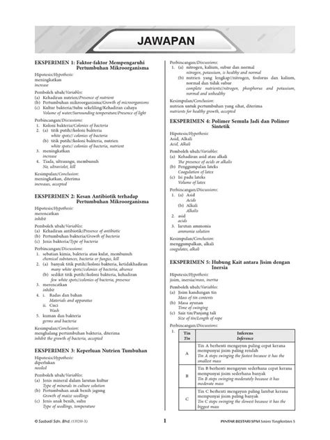 Jawapan Eksperimen Sains Tingkatan 5  Jawapan Eksperimen Biologi