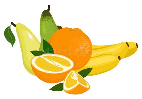 Oranges Pear And Bananas Raster Illustration On A White Background