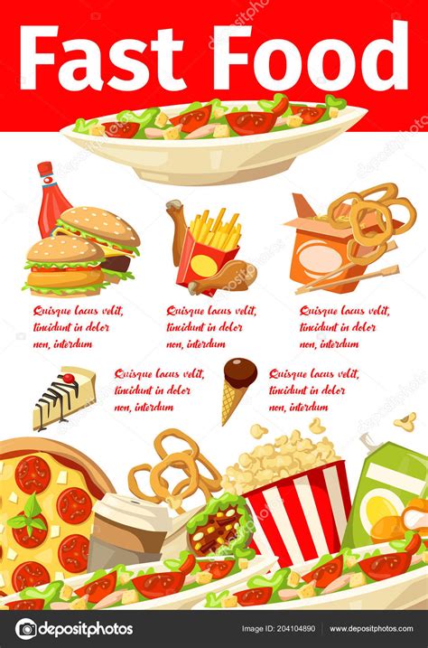 Junkfood Snacks Fast Food Menu Vector Poster Stock Illustration By