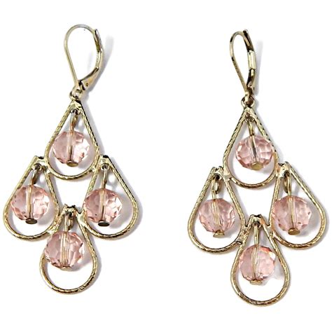 Vintage Crystal Chandelier Earrings Pale Pink Faceted Glass Long