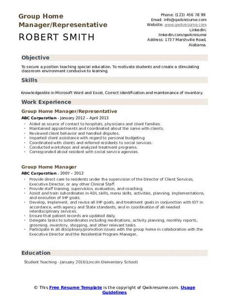 Group Home Manager Resume Samples Qwikresume