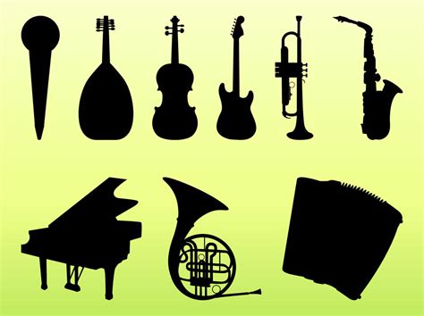 Clarinet, french horn, guitar, drum set, piano, trumpet, bass, violin, saxophone. Musical Instruments Graphics Set Vector Art & Graphics | freevector.com