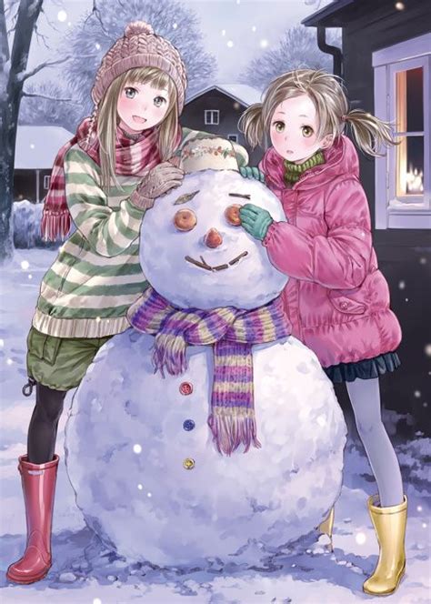 Snowman And Two Cute Girls Winter Full Hd Wallpapers Anime Sisters