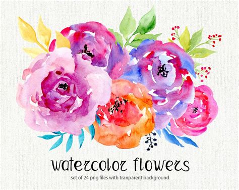 Watercolor Floral Clipart 24 Bright Branches Flowers