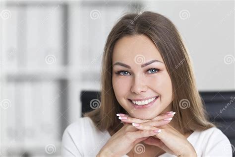 Close Up Of Cheerful Woman With Hands Under Chin Stock Image Image Of