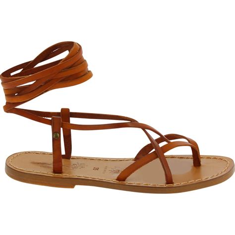Womens Brown Leather Flat Strappy Sandals Handmade In Italy The