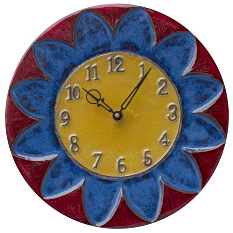 Sun Design Ceramic Wall Clock In Maroon Sapphire And Yellow By Beth