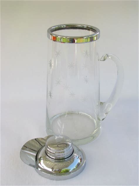 Vintage Glass Chrome Mixed Drinks Pitcher With Retro Atomic Starbursts