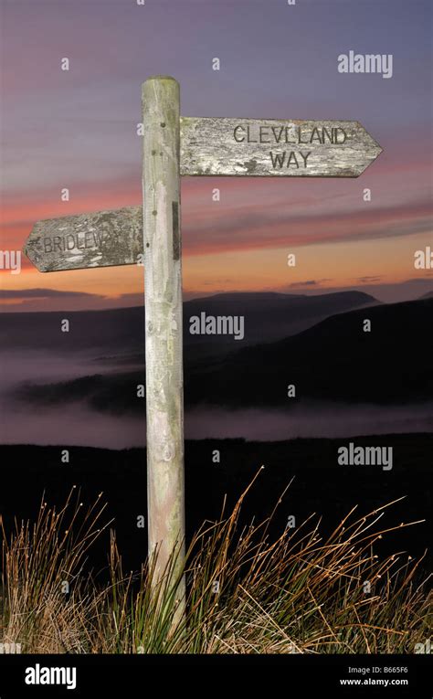Cleveland Way Signpost At Sunset Clay Bank North York Moors Stock Photo
