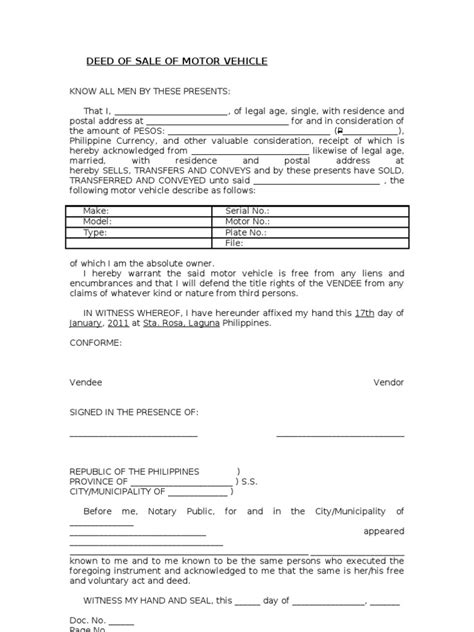 Blank Deed Of Sale Of Motor Vehicle Template