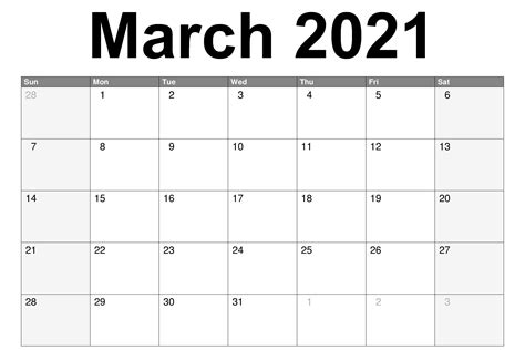 Monthly March 2021 Calendar Blank Printable Template