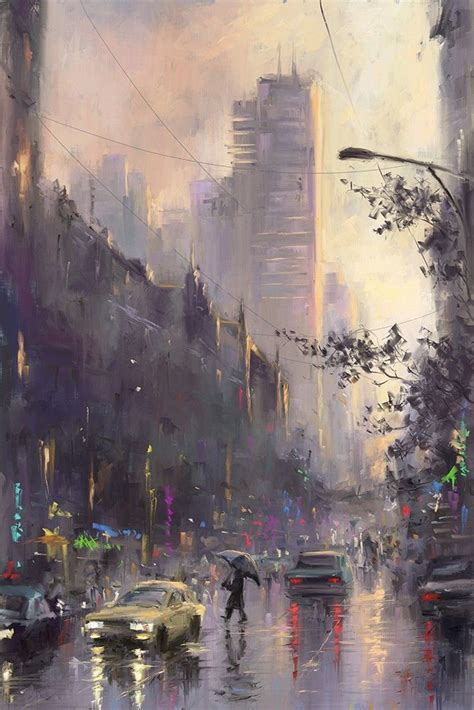 Watercolor Art Rainy City By Mikhail Karetin