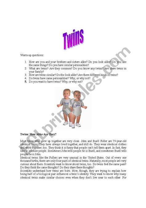 Twins Reading And Conversation Esl Worksheet By Juli 2008