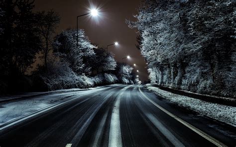 Wallpaper Road Trees Snow Winter Night Lights 1920x1200 Hd Picture