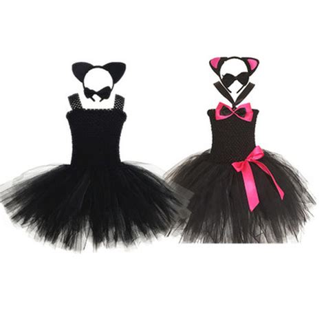 excellent quality oloey girl cosplay halloween costume play black cat tutu dress head tie with