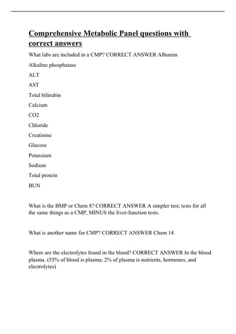 Comprehensive Metabolic Panel questions with correct answers