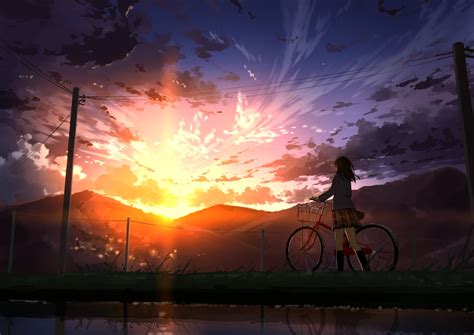 Download 1080x2400 Anime Girl Bicycle Sunset Scenic School Uniform