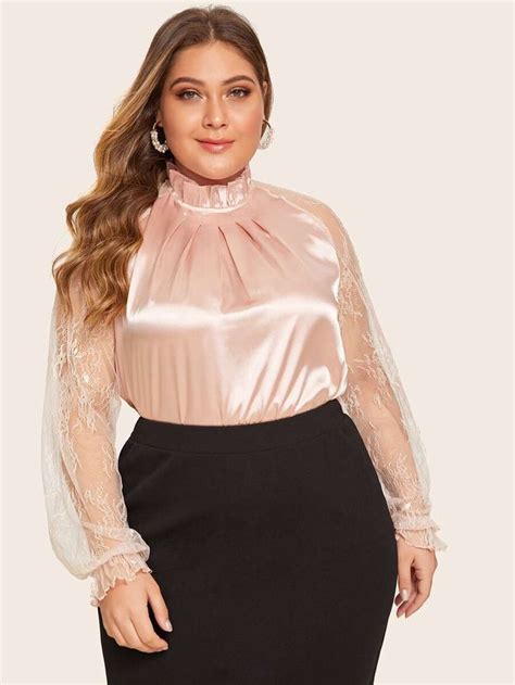 Peach Satin Plus Size Blouse With Lace Lace Sleeves Plus Size
