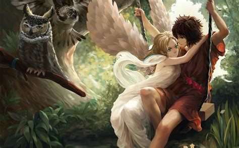 Anime Angel Girl Wings Boy Swing Owl Hd Wallpapers Anime Desktop Wallpaper Preview