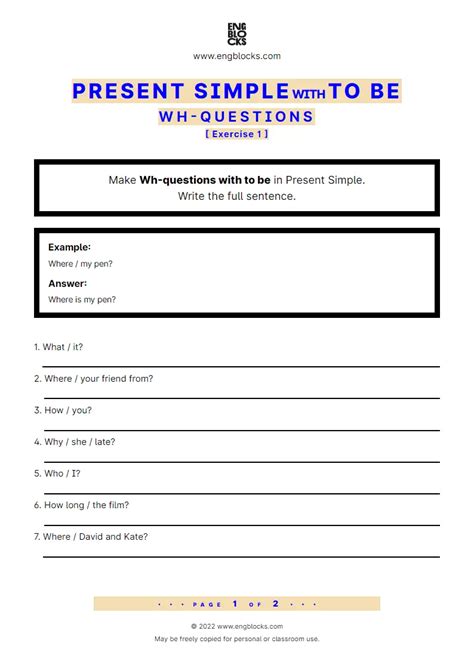 Present Simple With To Be Wh Questions Exercise 1 Worksheet