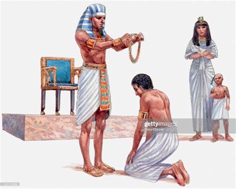 Illustration Of Pharaoh Giving Kneeling Joseph Gold Chain Arsenath Ancient Egyptian