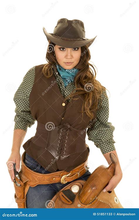 Cowgirl Holding Saddle Hand On Gun Stock Image Image Of Pistol