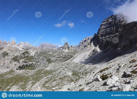 View To The Famous Three Peaks Hut Dolomites Stock Photo Image Of