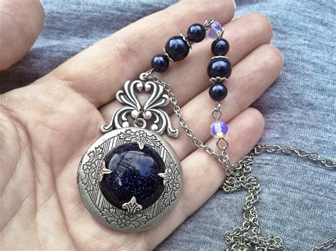 Gothic Locket Necklace Blue Goldstone Locket Galaxy Etsy