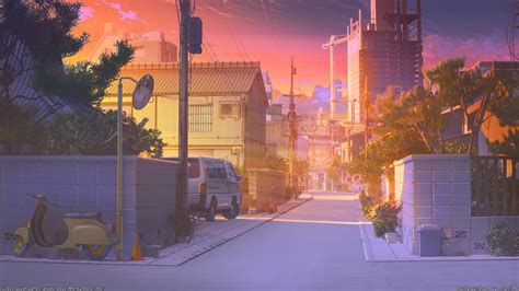 Download 2560x1600 Anime Street Scenic Sunset Buildings Car Wall