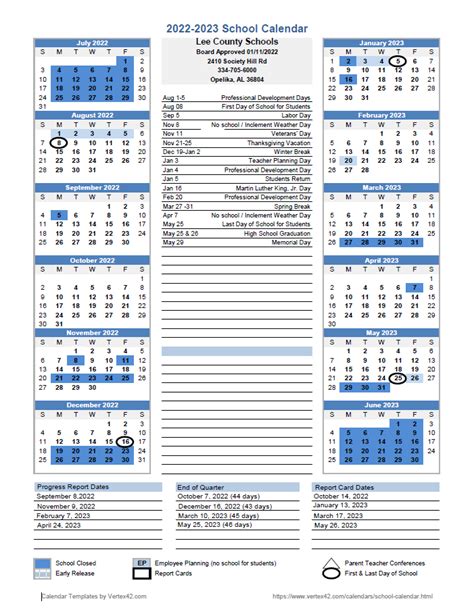 Lee County School District Calendar