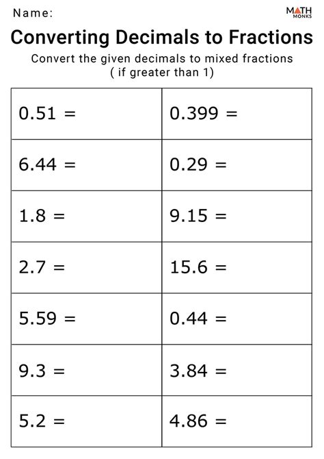 Convert Between Fractions And Decimals Numbers Worksheet