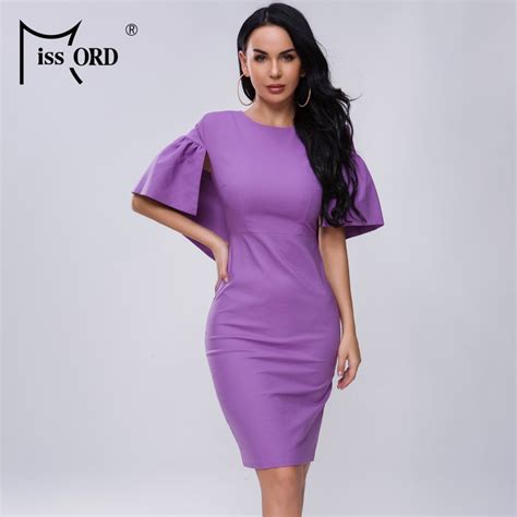 Missord 2021 Women O Neck Short Speaker Sleeve Solid Color Dresses