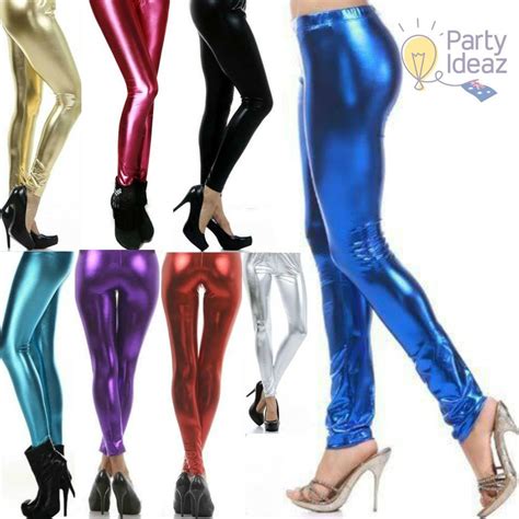 80s Leggings Shiny Metallic 70s Neon Disco Pants Ladies Fancy Dress
