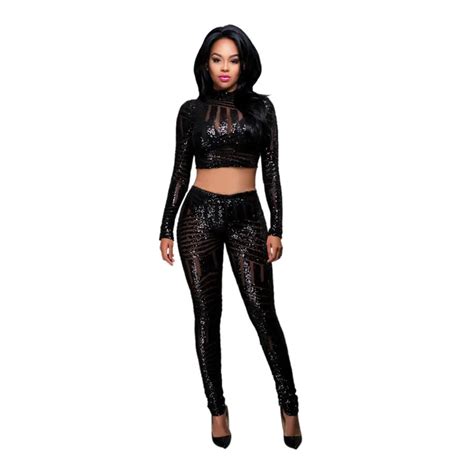 2017 new 2 piece set women long sleeve crop top and full pants sexy bodycon sequins two piece