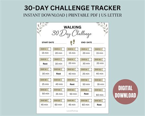 30 Day Walking Challenge 30 Day Challenge Printable 30 Day Etsy