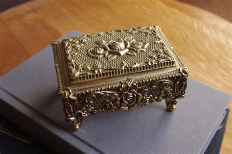 No20 Antique Brass Jewelry Box With Rosefloral By Harpsidesigns