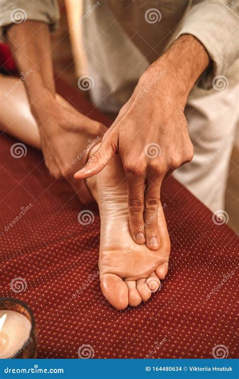 Alternative Medicine Therapist Healing Woman Doing Ayurvedic Massage Acupressure Pressing On