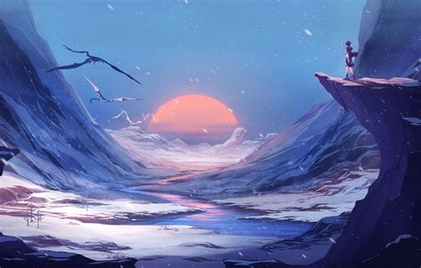 Wallpaper Fantasy Landscape River Sunset Winter Mountains Snow