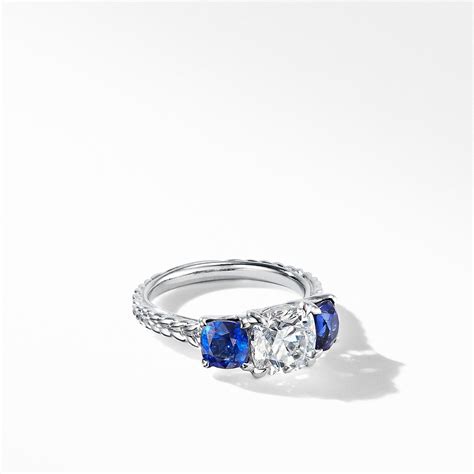 Dy Three Stone Engagement Ring In Platinum With Blue Sapphires Cushion