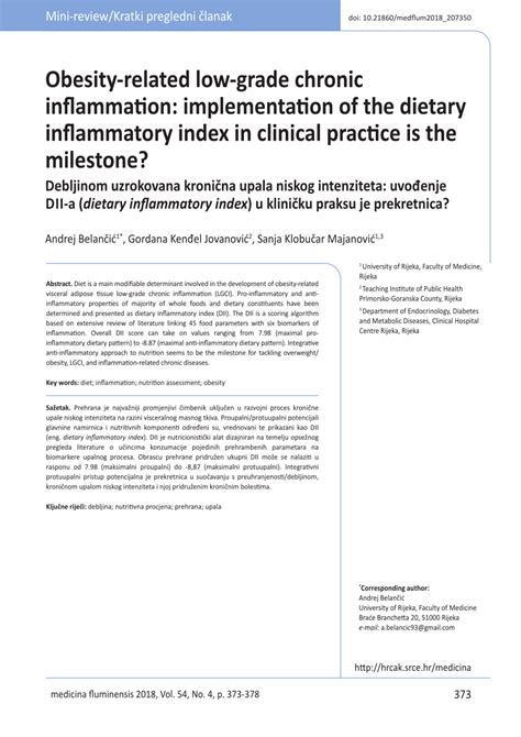 Pdf Obesity Related Low Grade Chronic Inflammation Implementation Of The Dietary Inflammatory