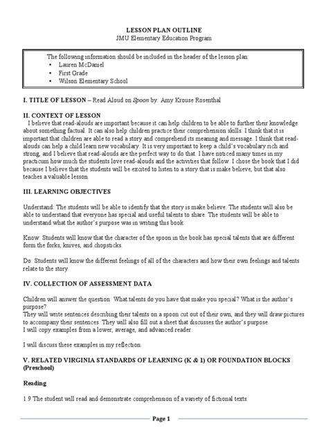 Read Aloud Lesson Plan Reading Comprehension Learning