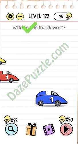 We have some written tips for you as well as a video walkthrough that will guide you through that level. Brain Test Level 122 Which car is the slowest Answer ...