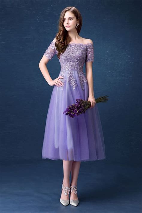 Cute Off The Shoulder Tea Length Lavender Tulle Lace Beaded Prom Dress