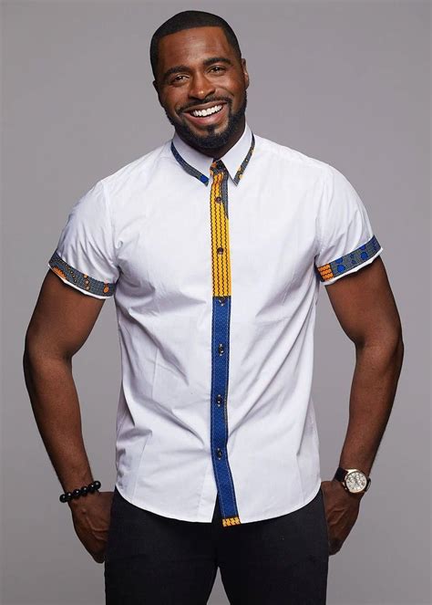 Cette chemise en pagne wax se marie très bien avec un costume. Zaire Button-Up African Print Trim Shirt (Yellow/Blue Circles/White) #MensFashionSmart | African ...