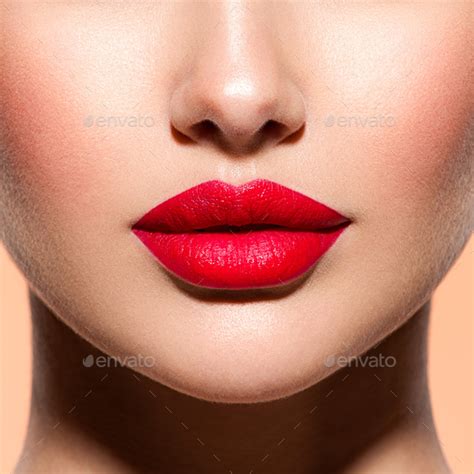 Woman Lips With A Red Lipstick On Lips Closeup Female Red Lips Stock