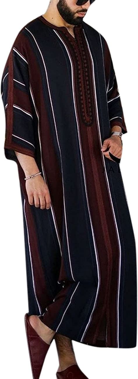 Vivicolor Men S Ethnic Style Muslim Robe Mens Trendy Stripe Half Sleeve